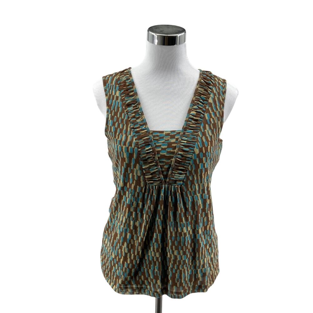Liz & Co Blouse Top Women Medium Multi Geo Print Sleeveless Lined Pleated V Neck